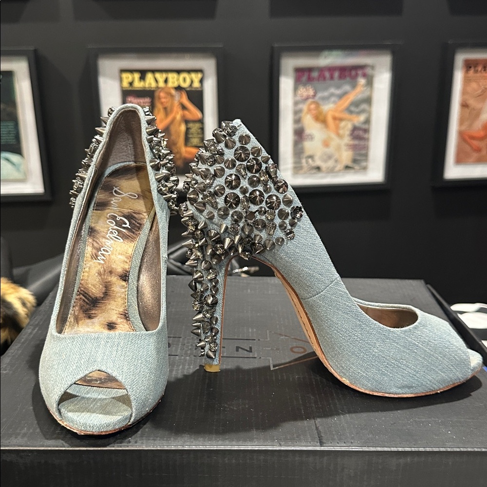 Sam Edelman Denim Peep Toe Heels with Stud Accents Lorissa